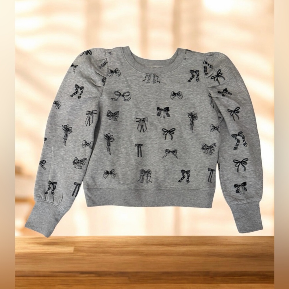 Anthropologie 🎀 Maeve Gray Bow Embroidered Puff Sleeve Sweatshirt M NWT